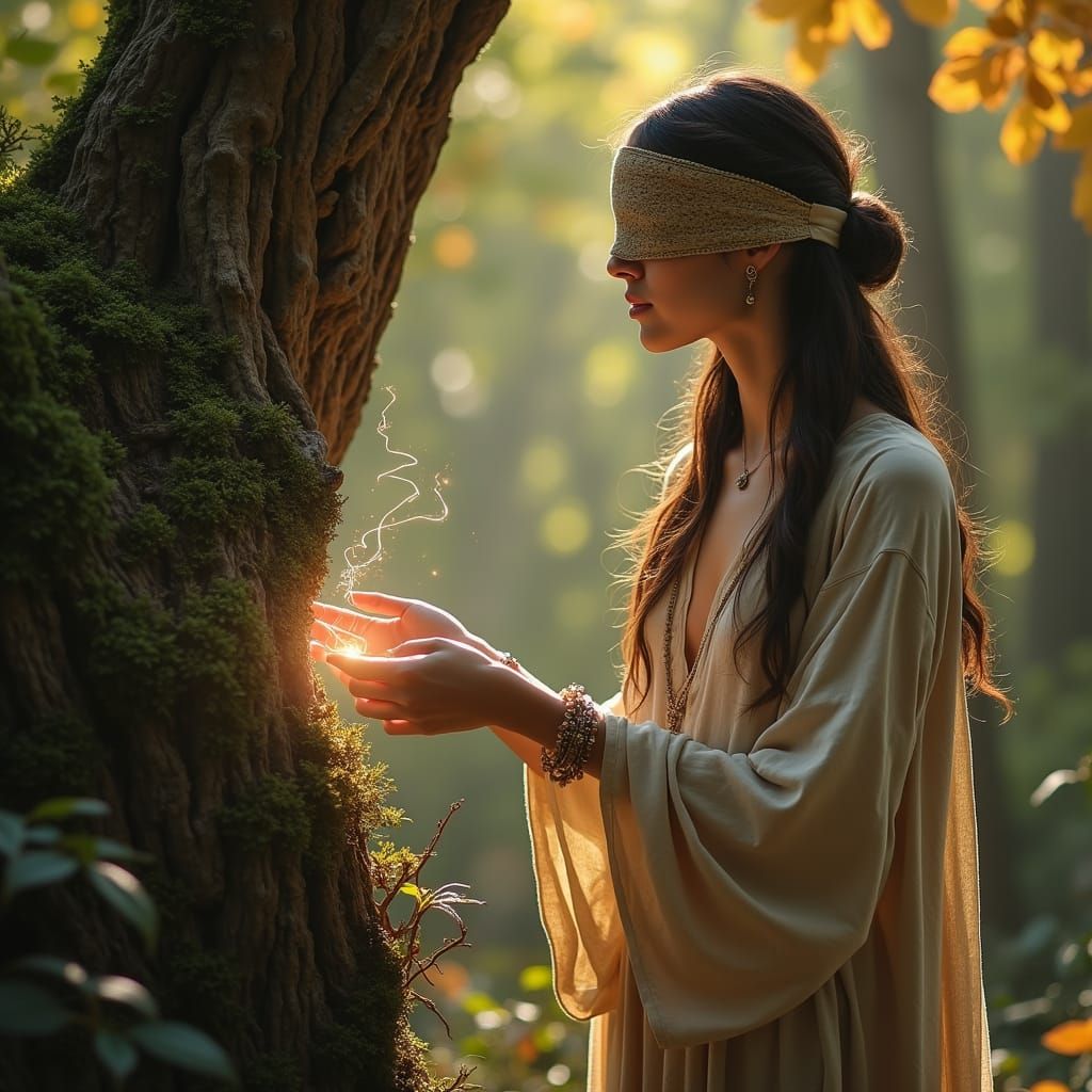 Androgynous Figure Connects with Ancient Tree in Serene Fore...