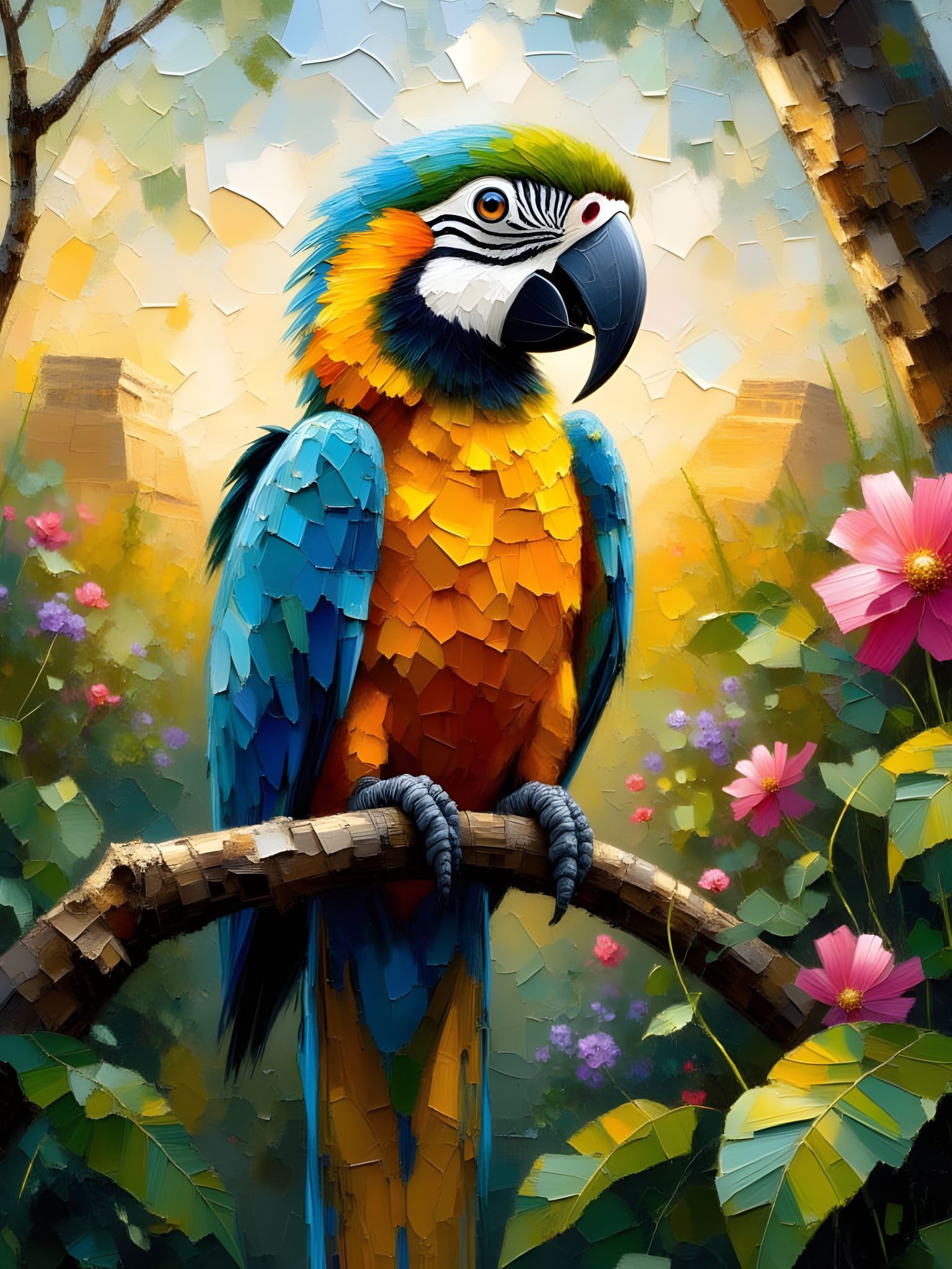 Fluffy Macaw Bird in Jungle with Incan Pyramid
