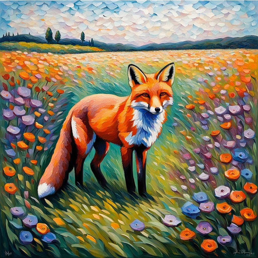 Fox Blends Into Flower Field in Expressionist Oil Painting