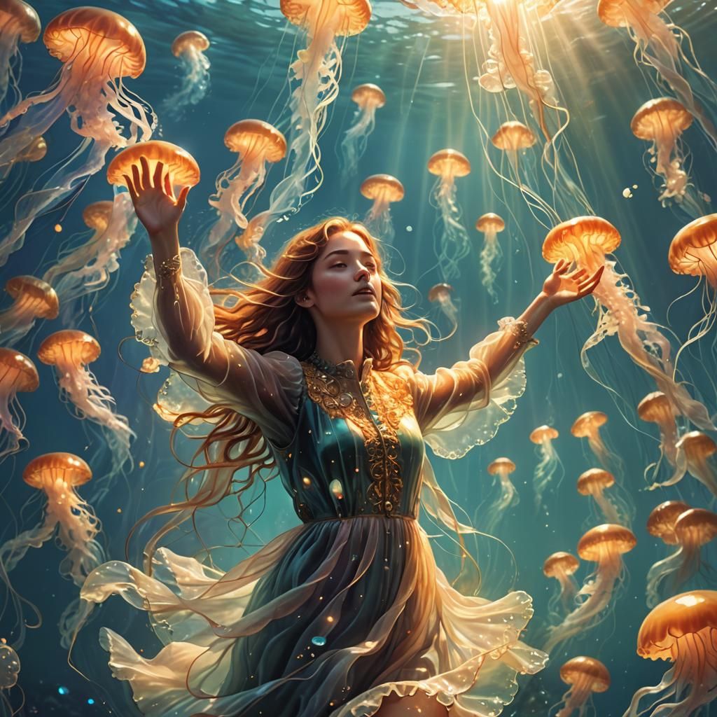 Ethereal Woman Reaching for Sunlight Among Jellyfish