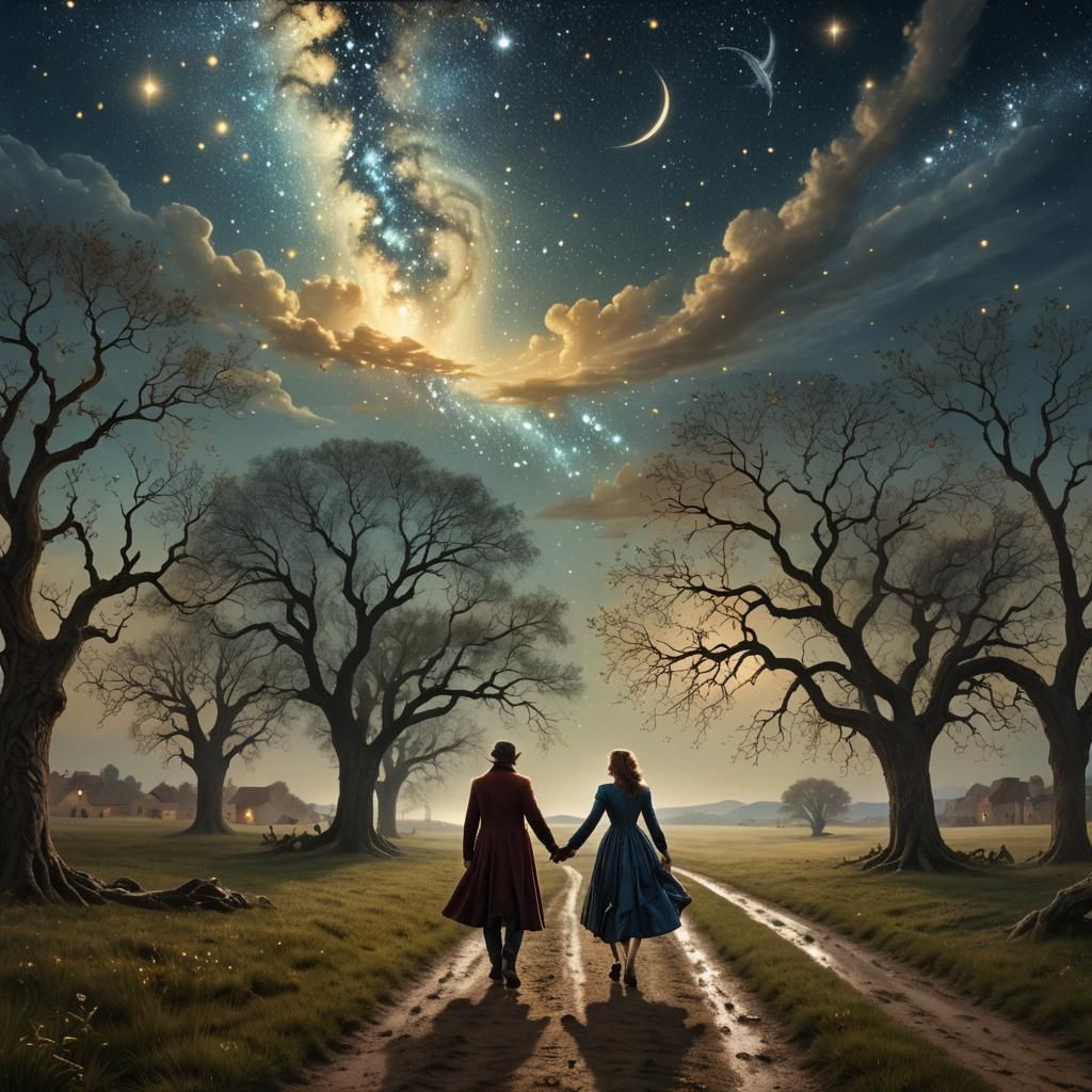 Romantic Couple Under Starry Sky, Baroque Painting