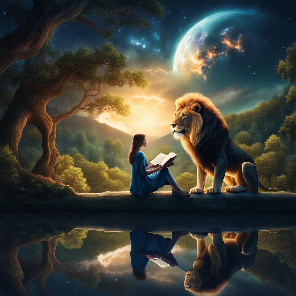 Woman Reads to Lion Under Night Sky