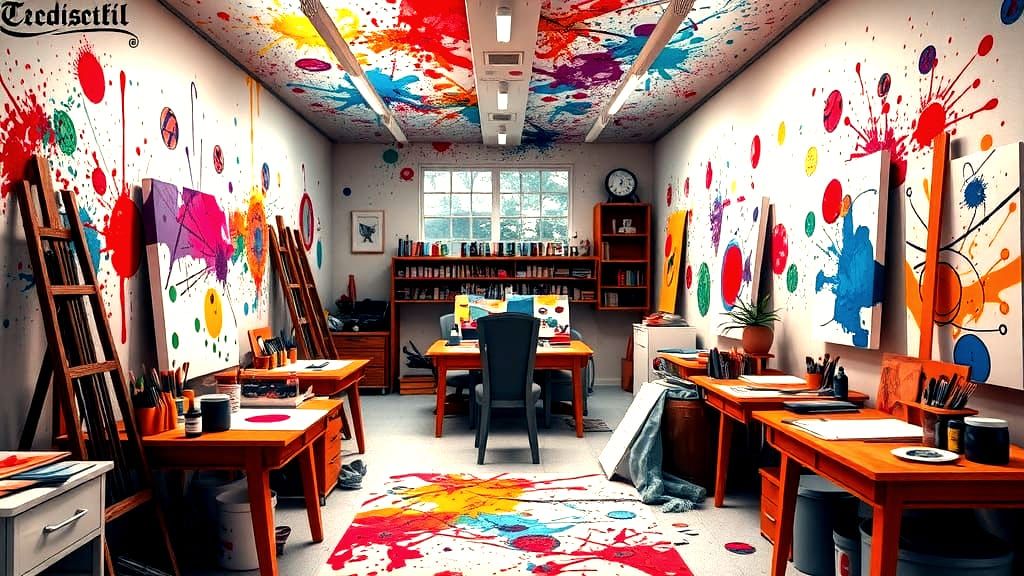 Colorful Art Studio with Ink Splatter Art in 3D