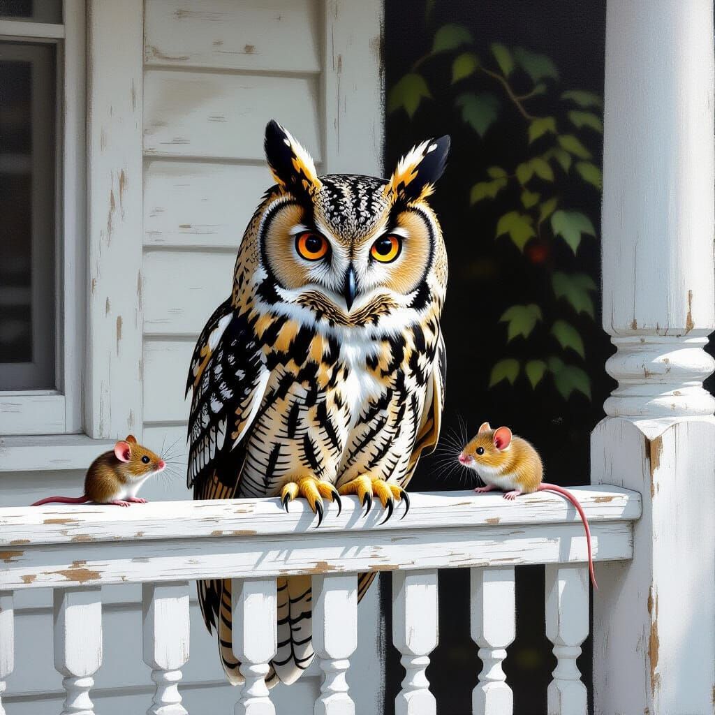 Hyperrealistic Owl and Mouse on White Porch