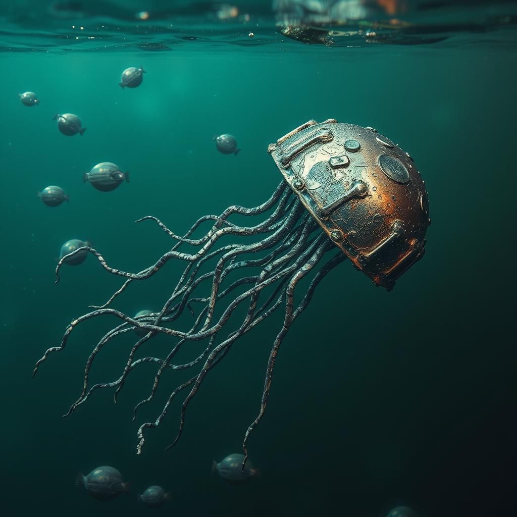 Scrap Metal Jellyfish in Oily Ocean
