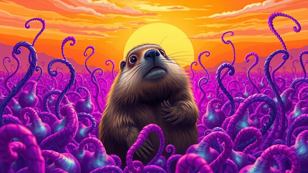 Furry Marmot Surrounded by Glowing Alien Potatoes in Vibrant...