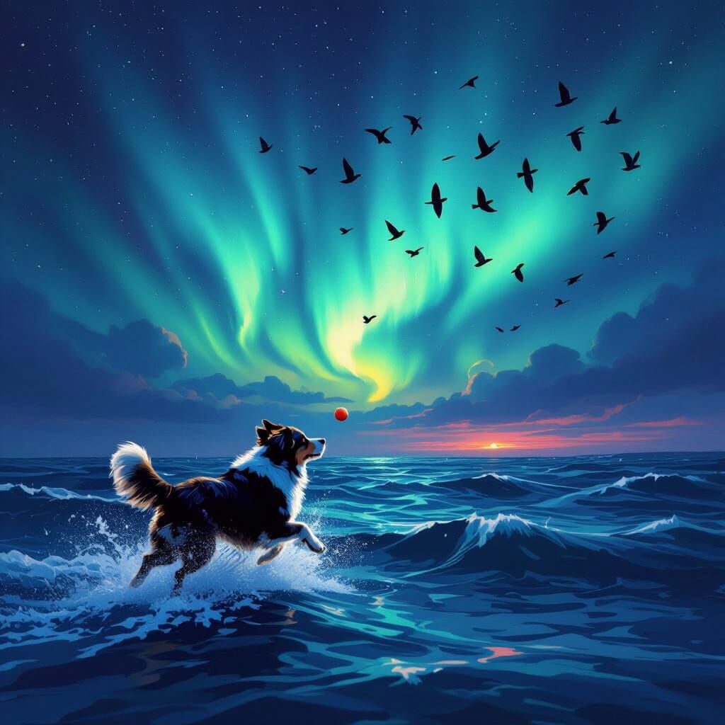 Dog Chases Ball Under Aurora Borealis