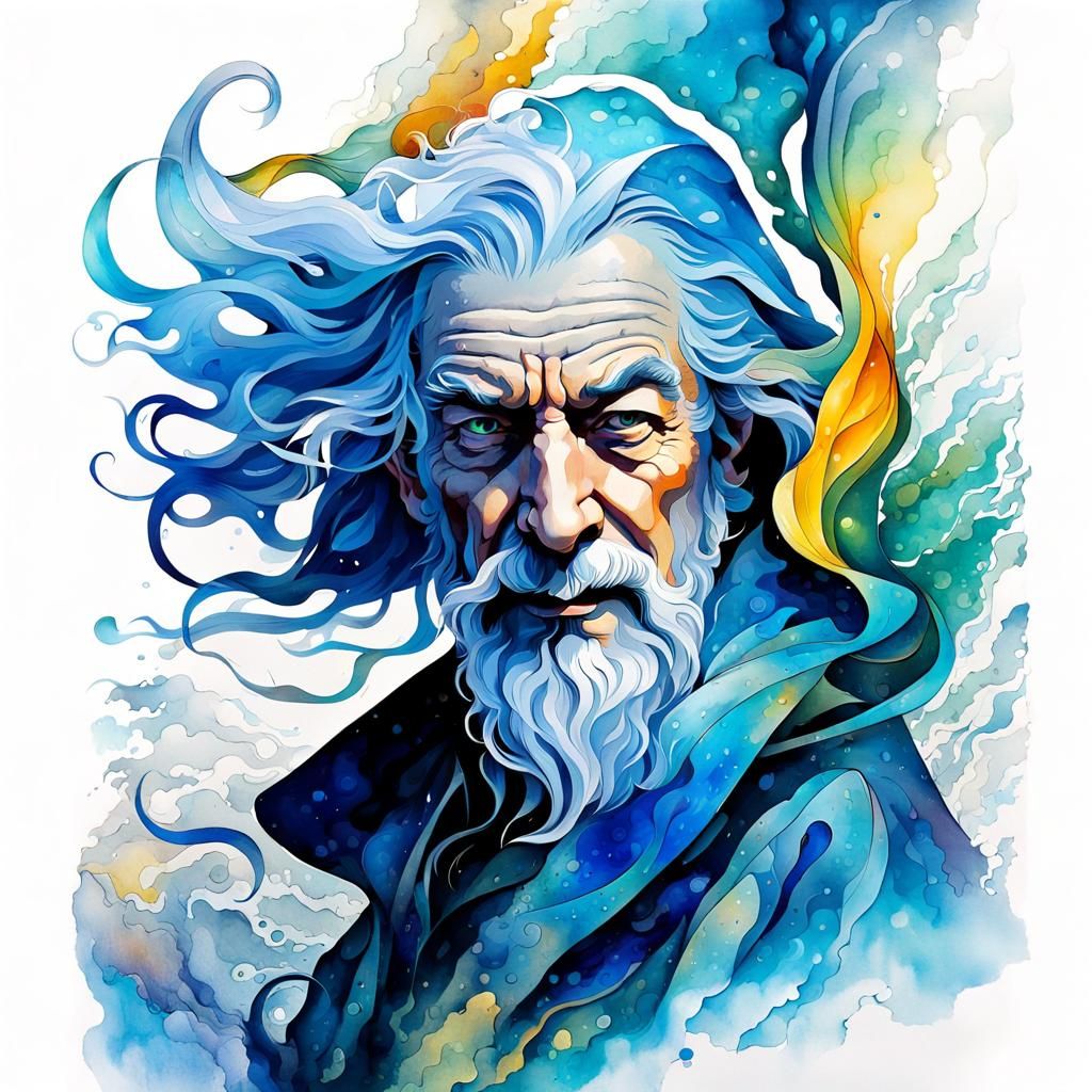 Gandalf Portrait with Double Exposure in Mixed Media