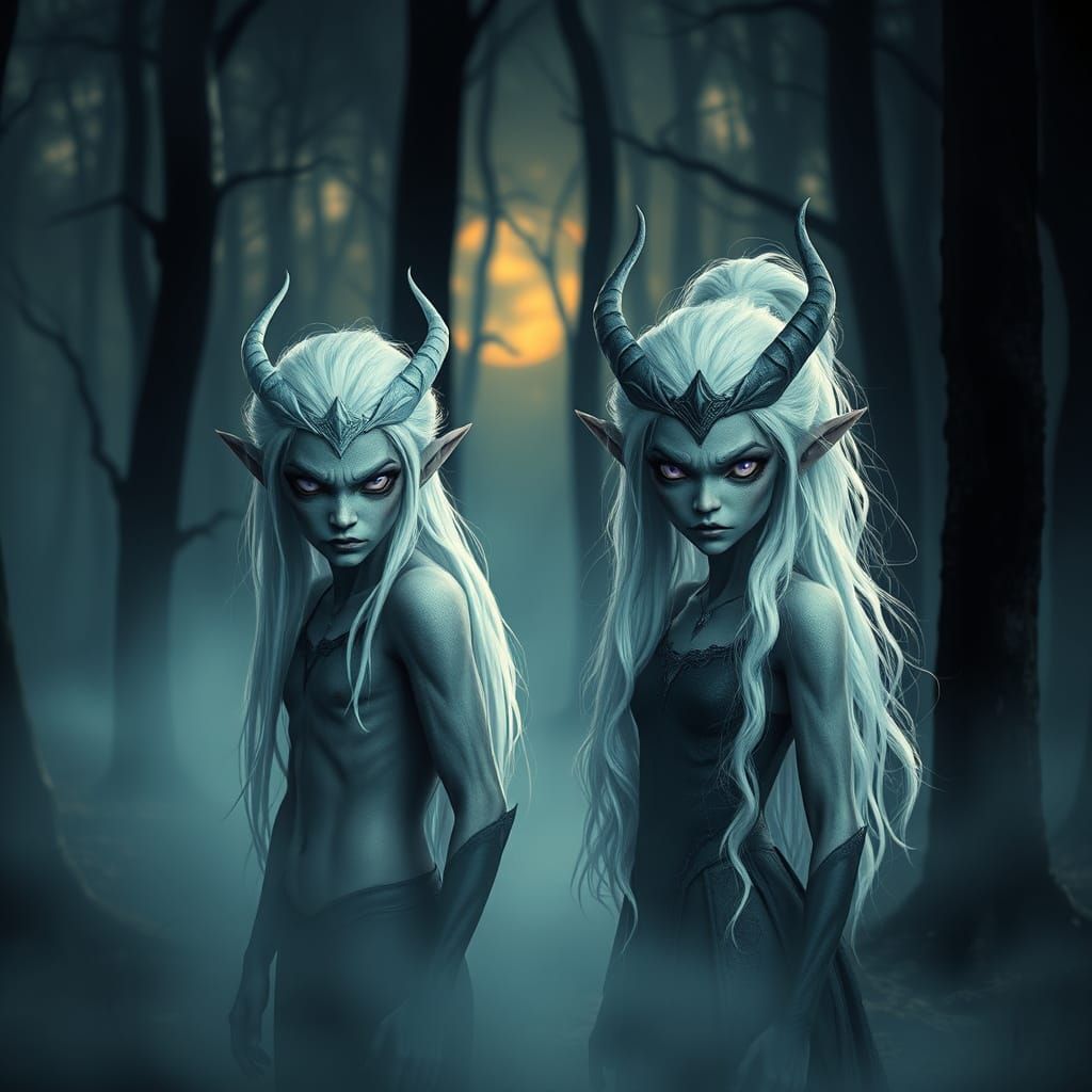 Drow Elves in a Foggy Forest, Dark Fantasy Art