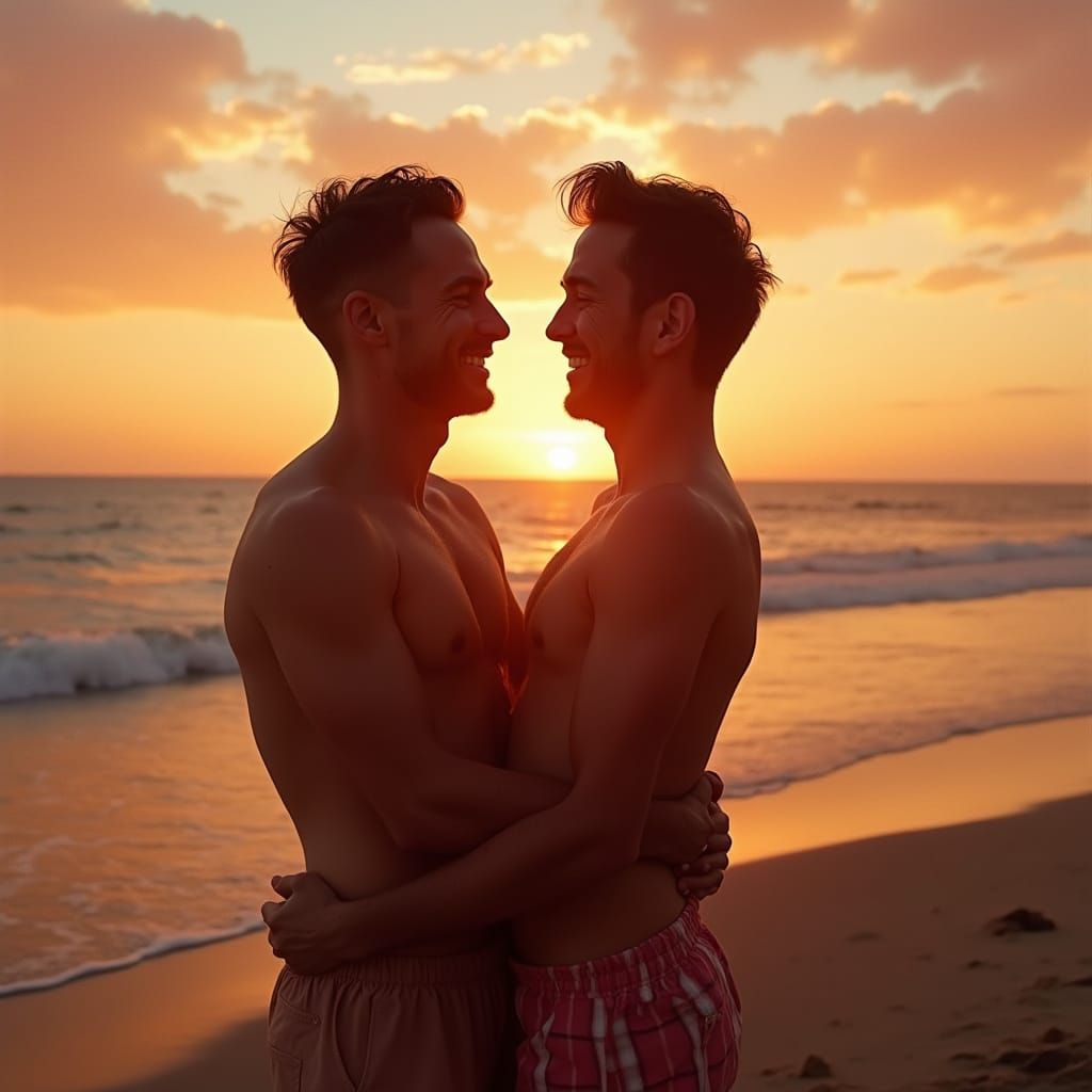 Gay Couple Embrace on Beach at Sunset: Film Photography