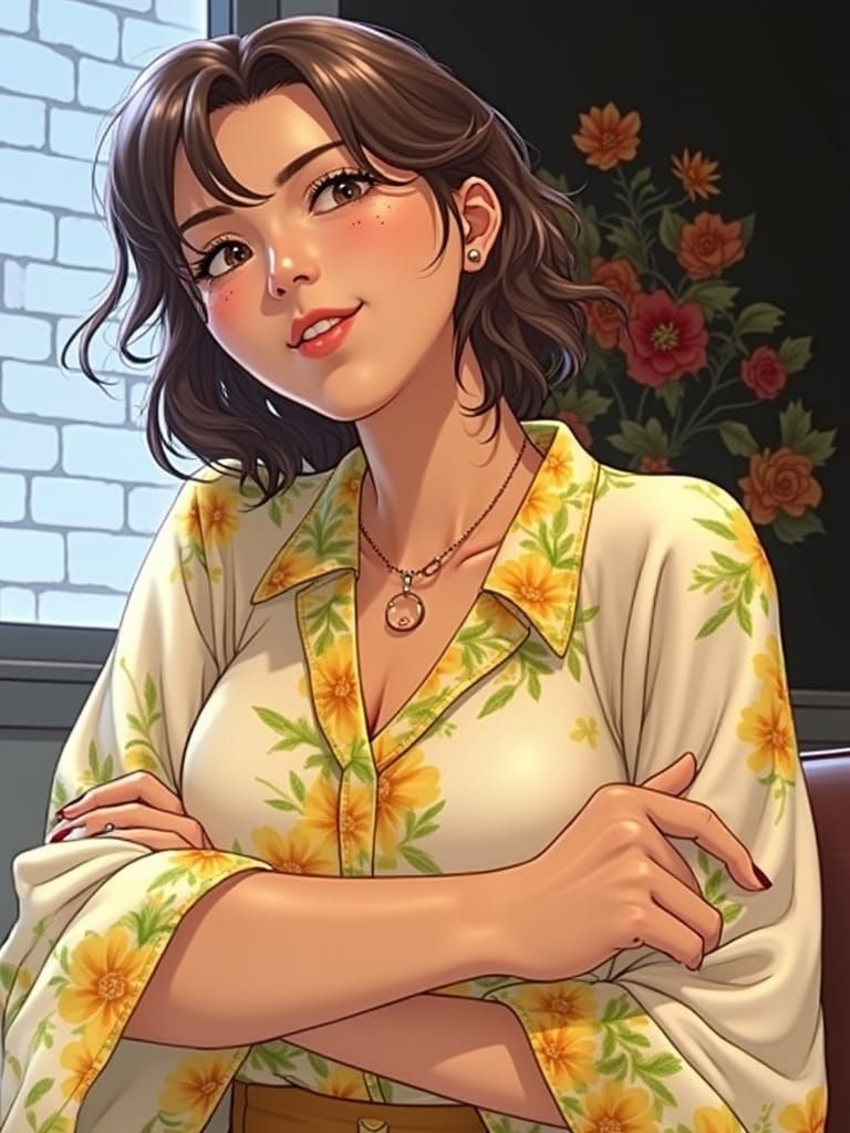 Anime Woman in Floral Blouse: Digital Art Portrait