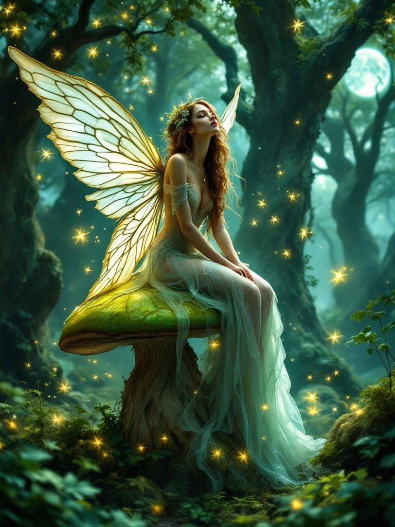 Enchanted Fairy Queen on Mushroom, Rackham Style