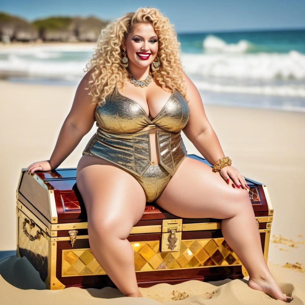 Curvy Blonde Woman with Treasure Chest on Beach