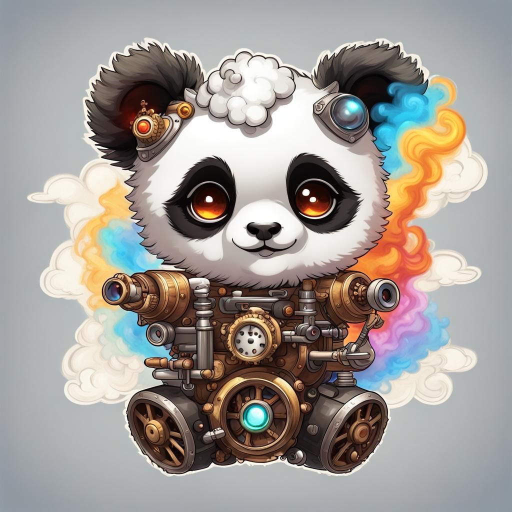 Steampunk Panda Cub Cloud with Colorful Smoke