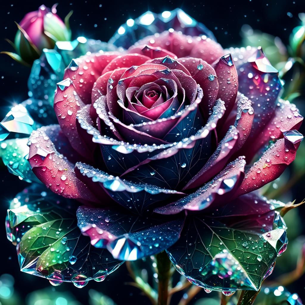 Crystal Rose with Dew Drops: Holographic Astral Illustration