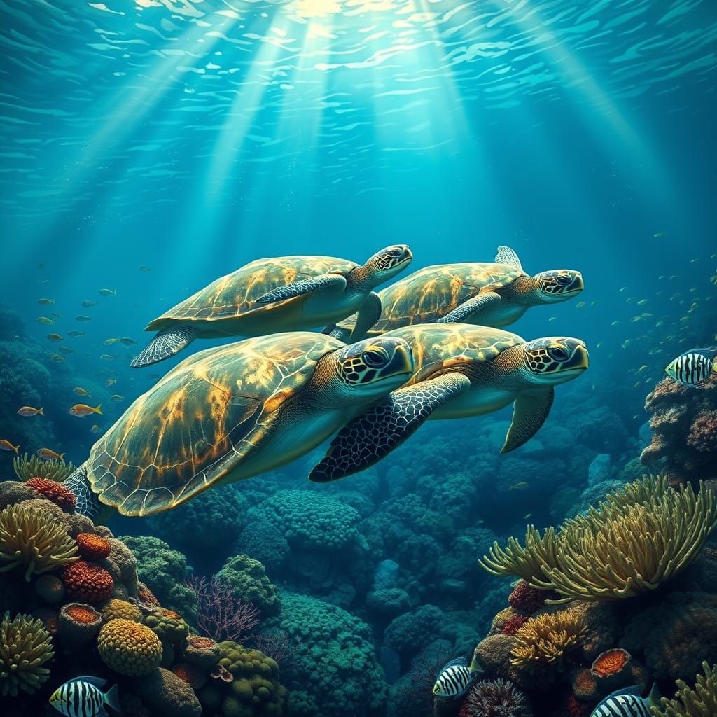 Green Sea Turtles in a Dreamy Underwater Scene