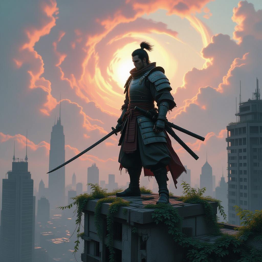 Samurai Warrior Overlooks Decaying Cyberpunk City