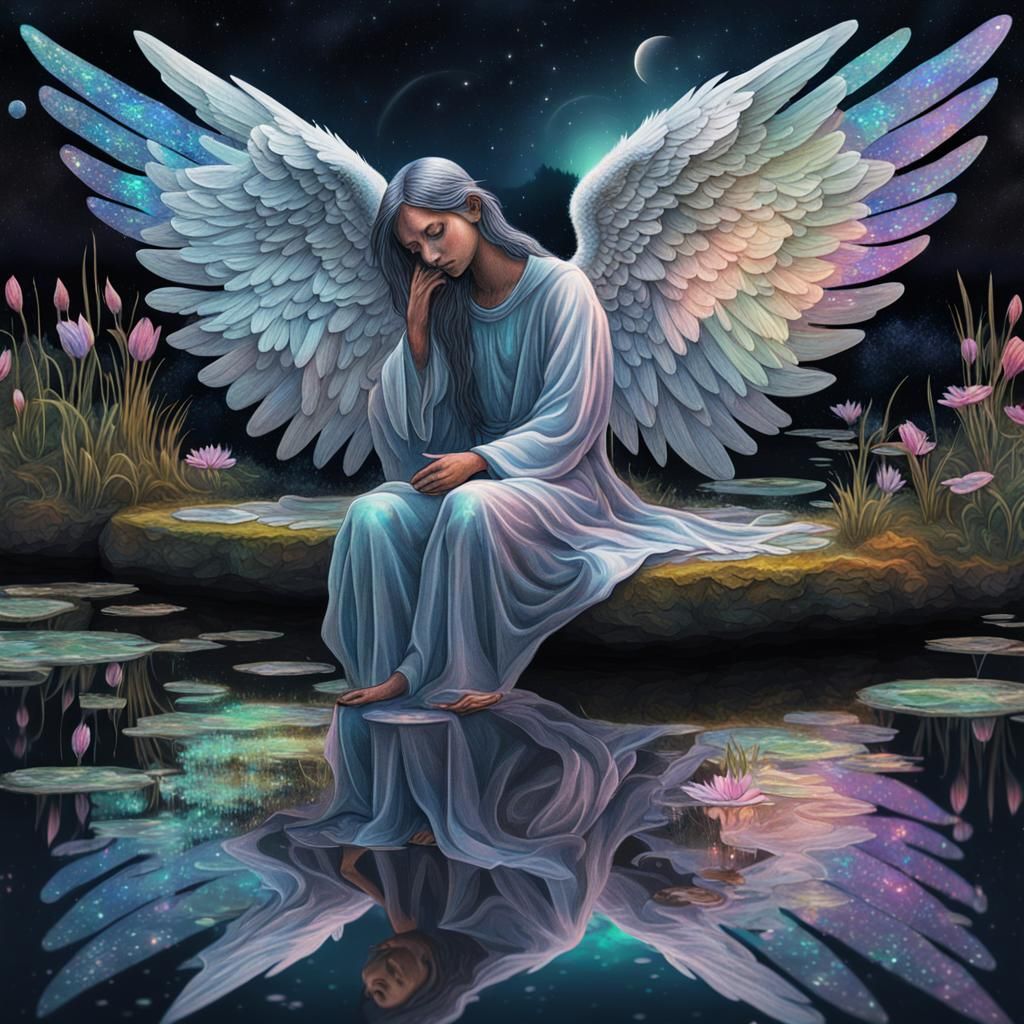 Sad Angel Weeping by Pond: Cosmic Astral Illustration