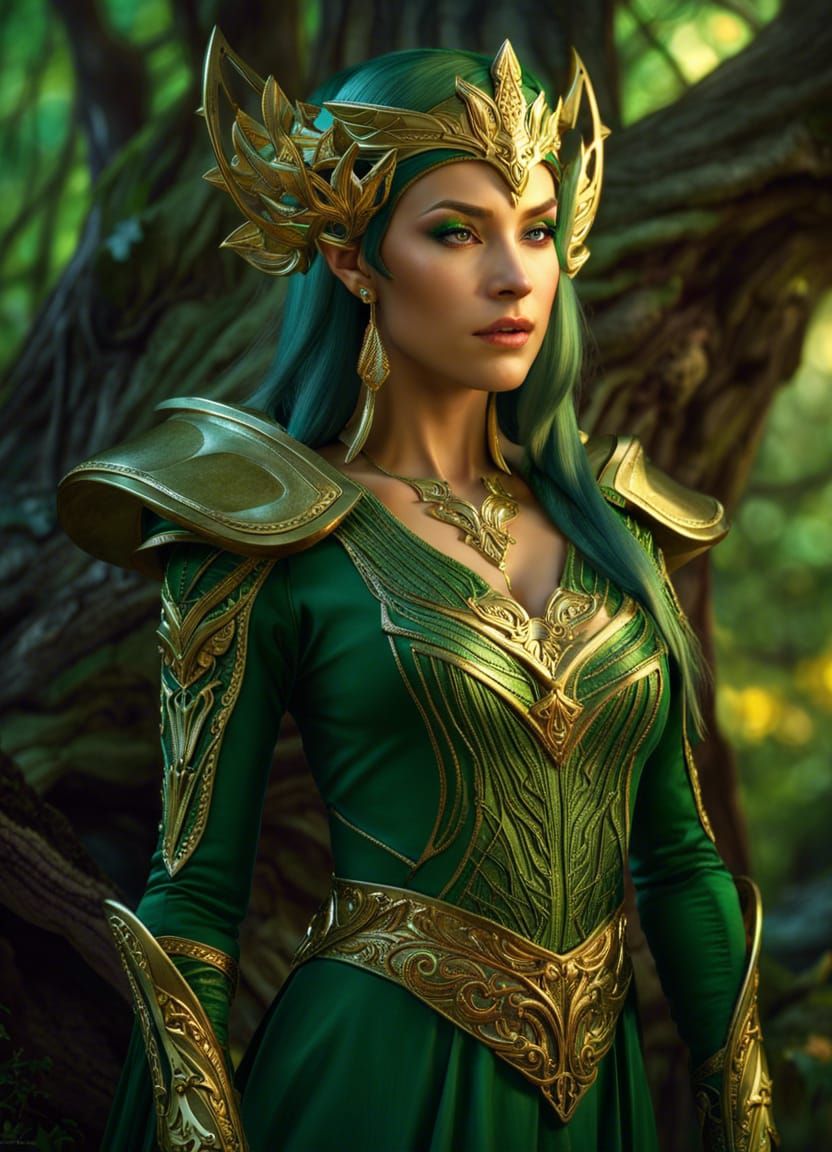 Elven Sorceress in Forest with Golden Armor