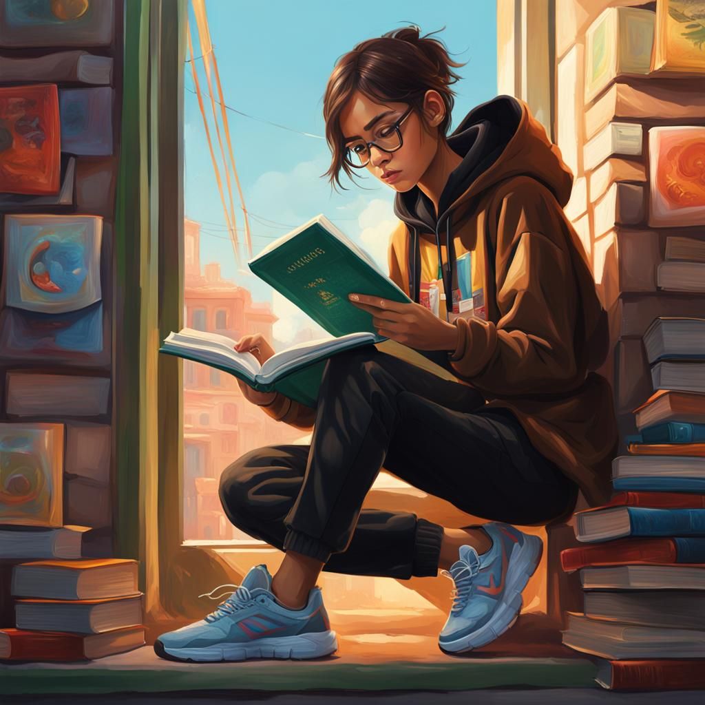 Girl Reading Book by Window in Hyperrealistic Style