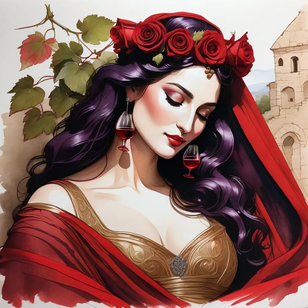 Female Dionysus Sketch with Red Roses and Wine