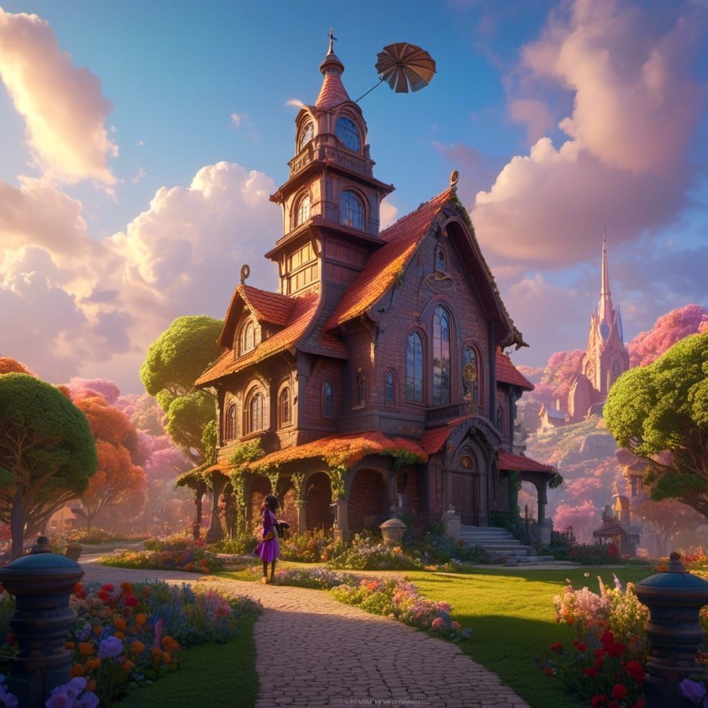 Giant Fairy Sorceress on Church: Pixar-Style 3D Art