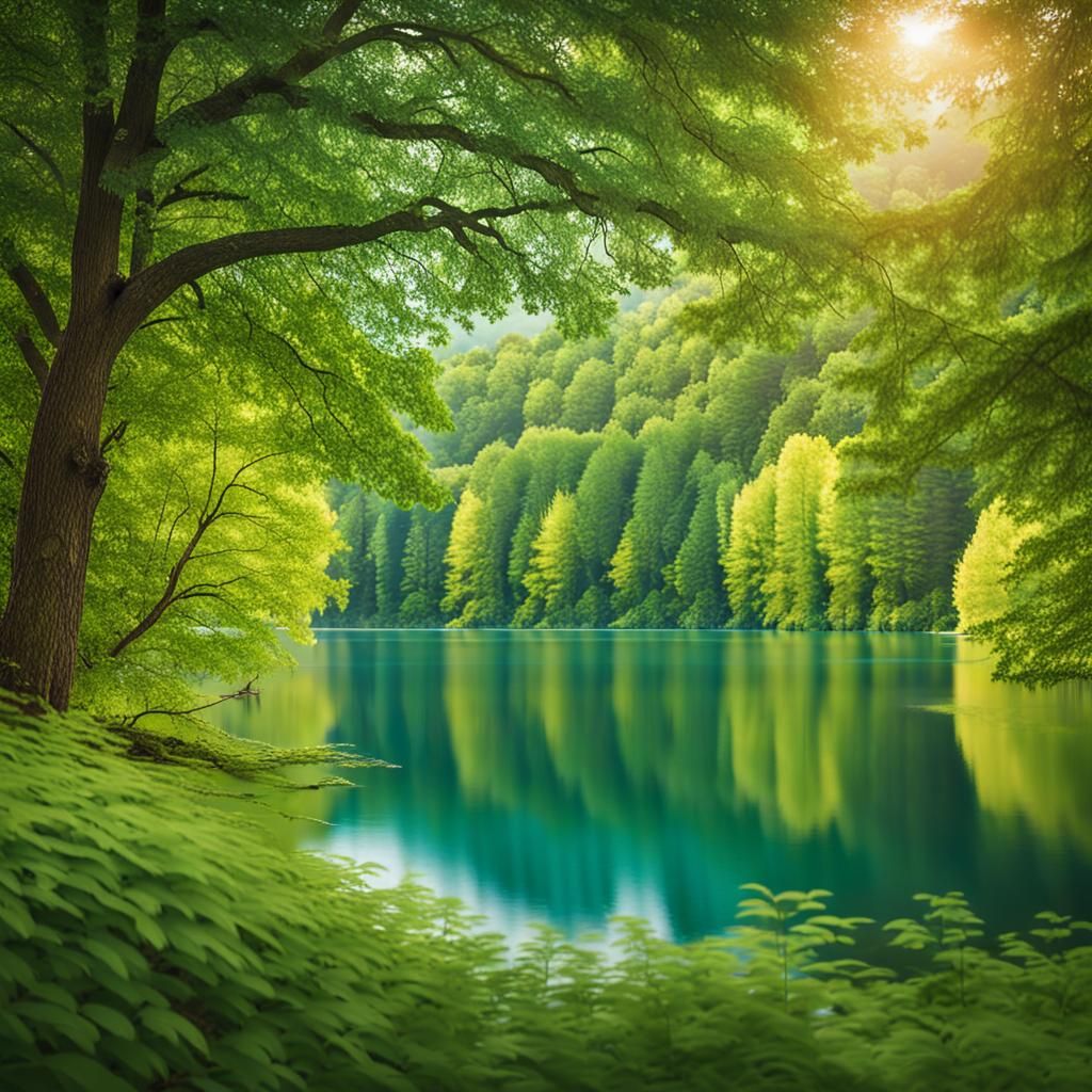 Green Forest and Calm Blue Lake Landscape