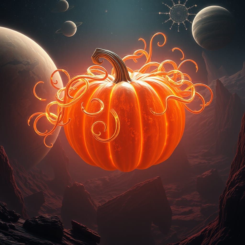 Glowing Pumpkin Haunts Planets in Dreamlike Matte Painting