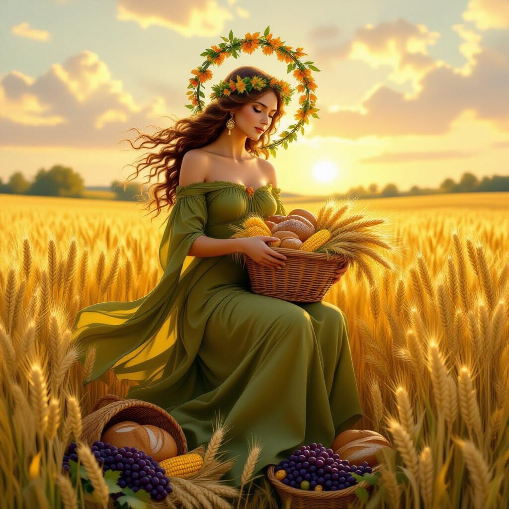 Goddess of the Harvest in Golden Grain Field