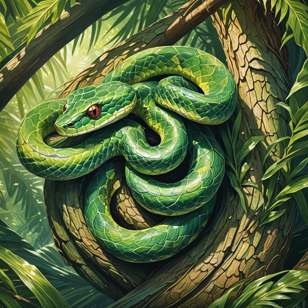Vibrant Palm Viper in Tree: Wildlife Illustration