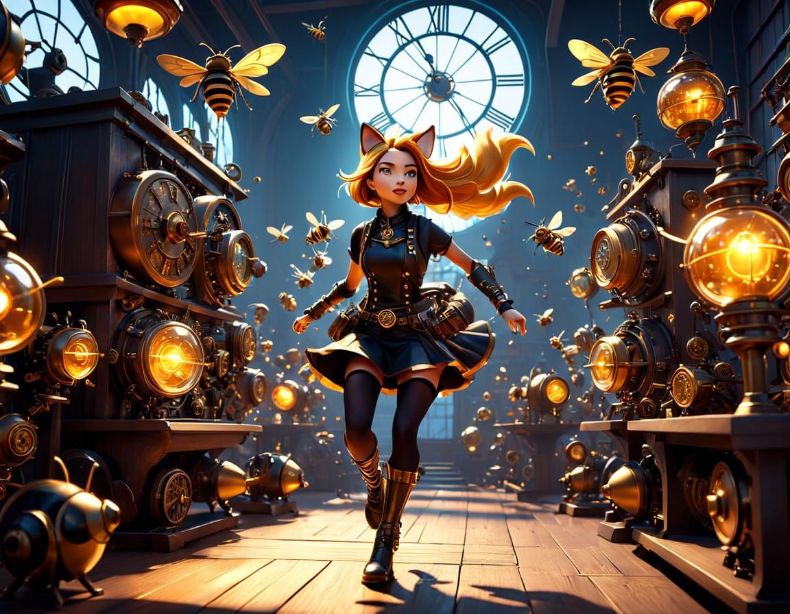 Whimsical Clockwork Bees Chase Kitsune Girl in Steampunk Wor...