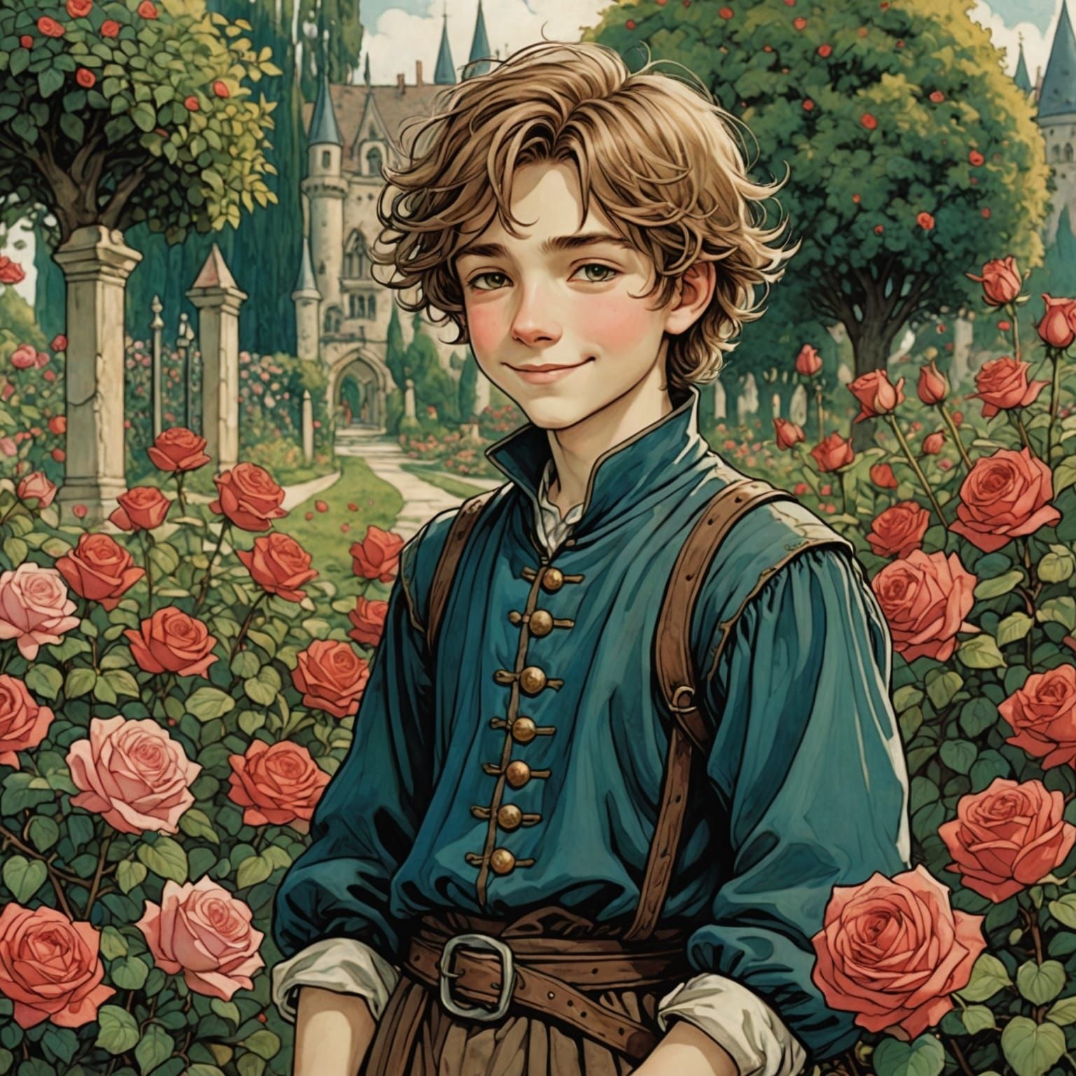 Smiling Boy in Medieval Rose Garden