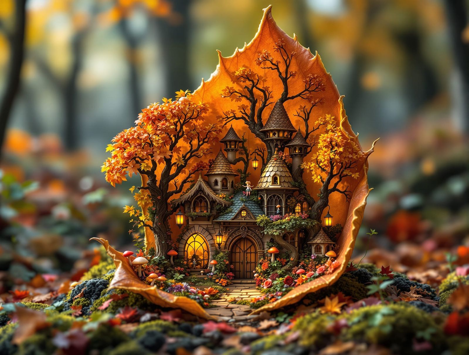 Magical Autumn Fairy Village on a Leaf