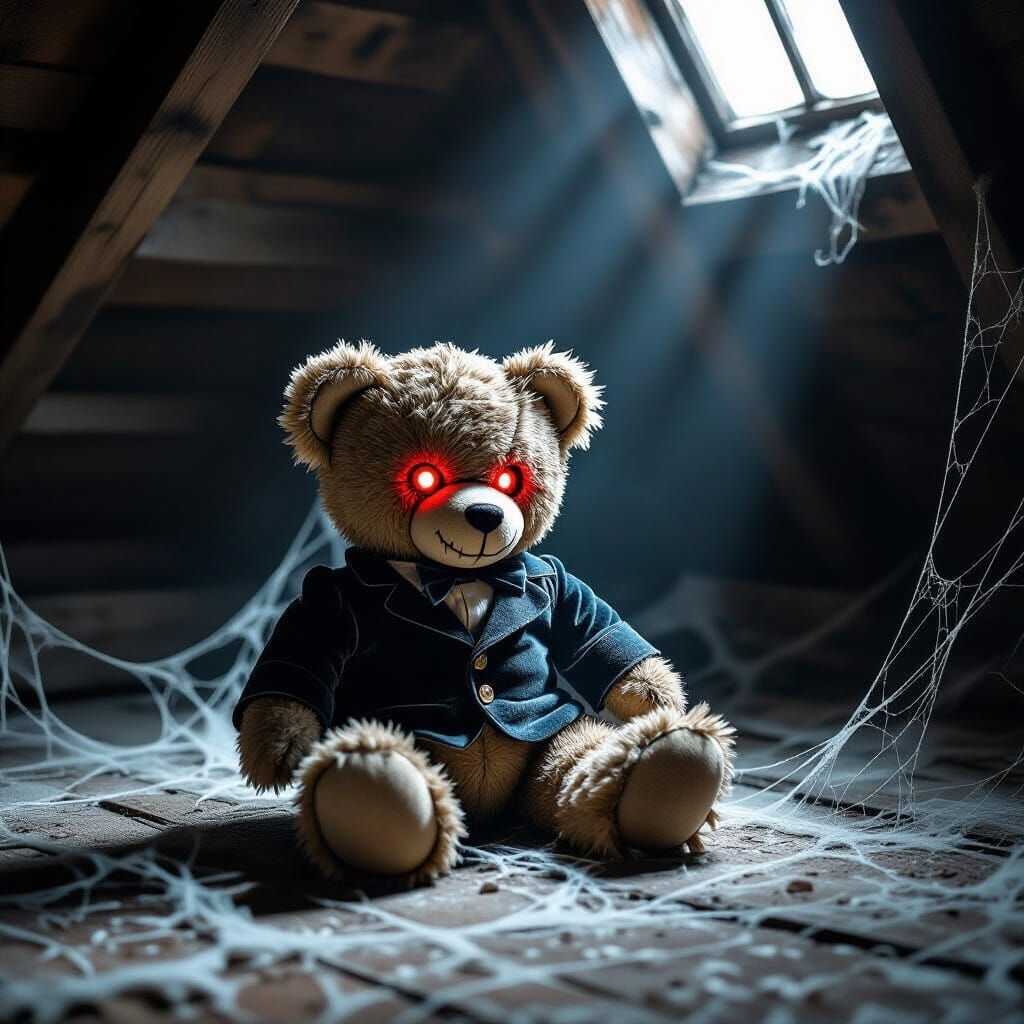 Eerie Teddy Bear in Dusty Attic by Moonlight