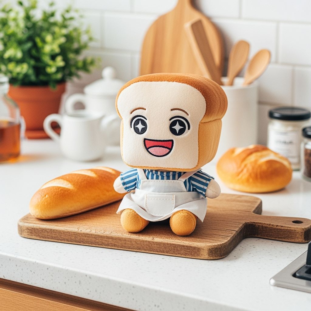 Happy Bread Plushie on a Wooden Board, Anime Style
