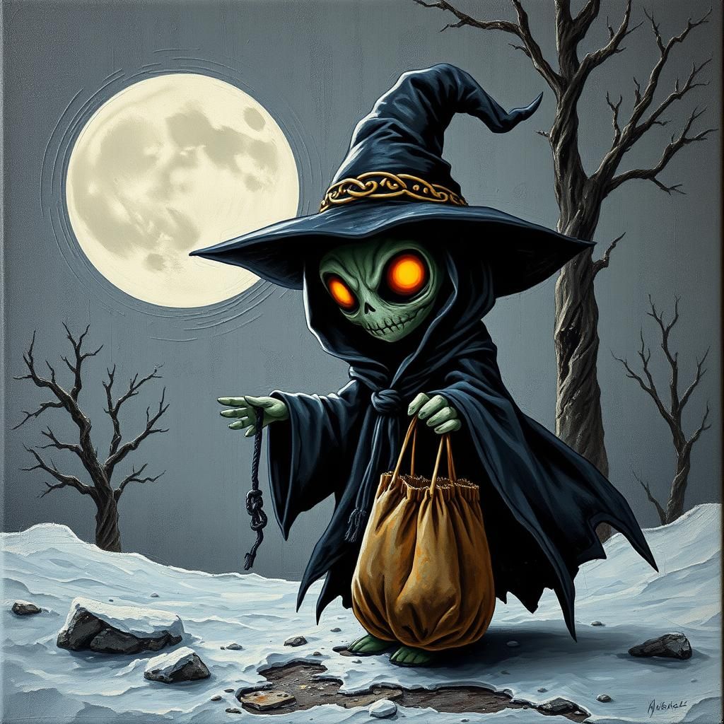 Chibi Specter with Trick-or-Treat Bag: Dark Fantasy Art