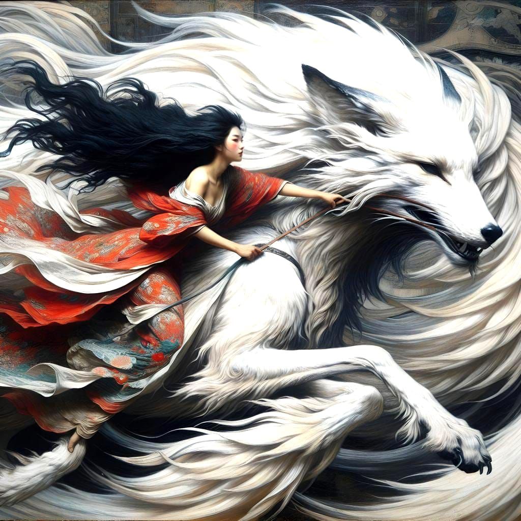 Woman Rides Mythical Fox in Pre-1912 Art Style