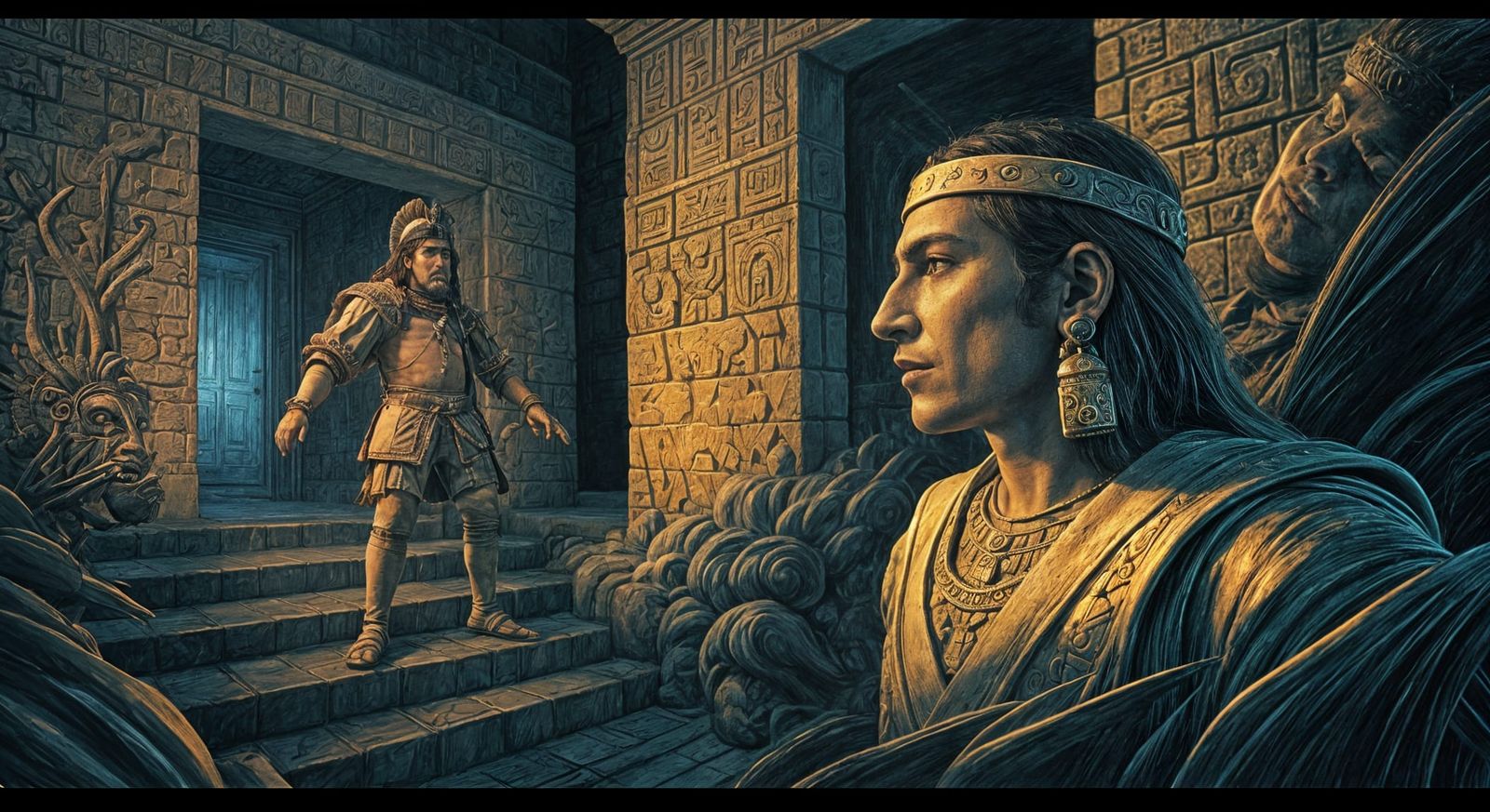 Spanish Conquistador Cortés Meets Aztec Emperor Moctezuma in...