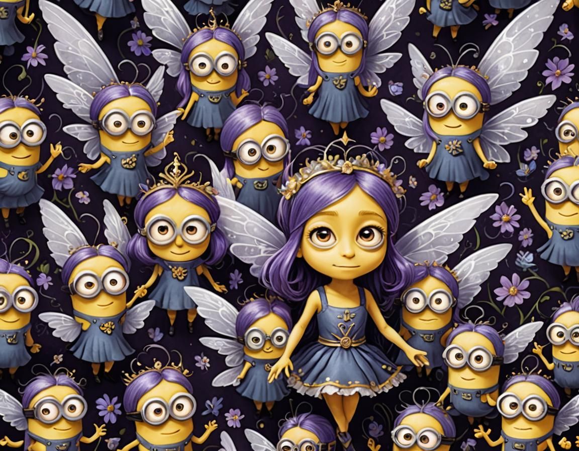A group of dutiful minions surrounding an elegant whimsical fairy with purple hair and (symmetrical wings 1.3)
