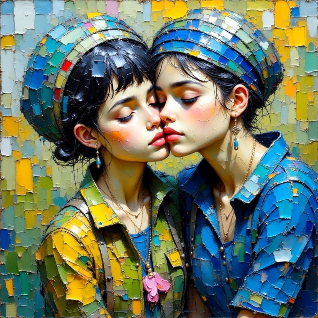 Impasto Painting of Woman Comforting Child in Town