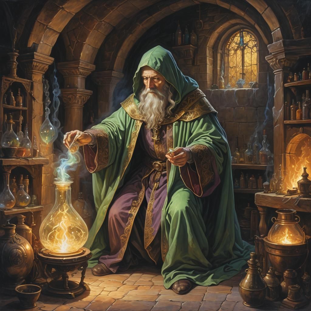 Medieval Alchemist Concocts Glowing Potion