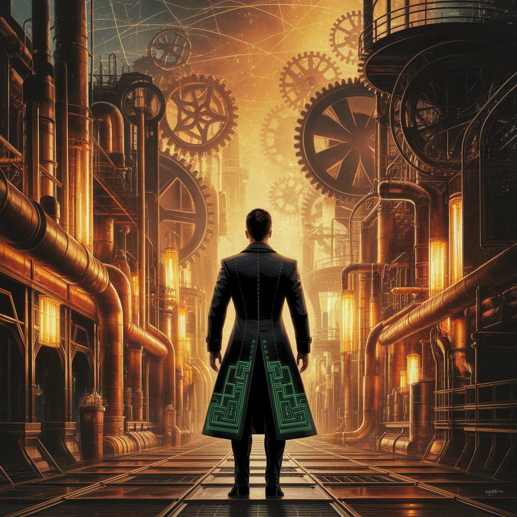 Steampunk Cityscape Inspired by The Matrix in Oil Painting S...