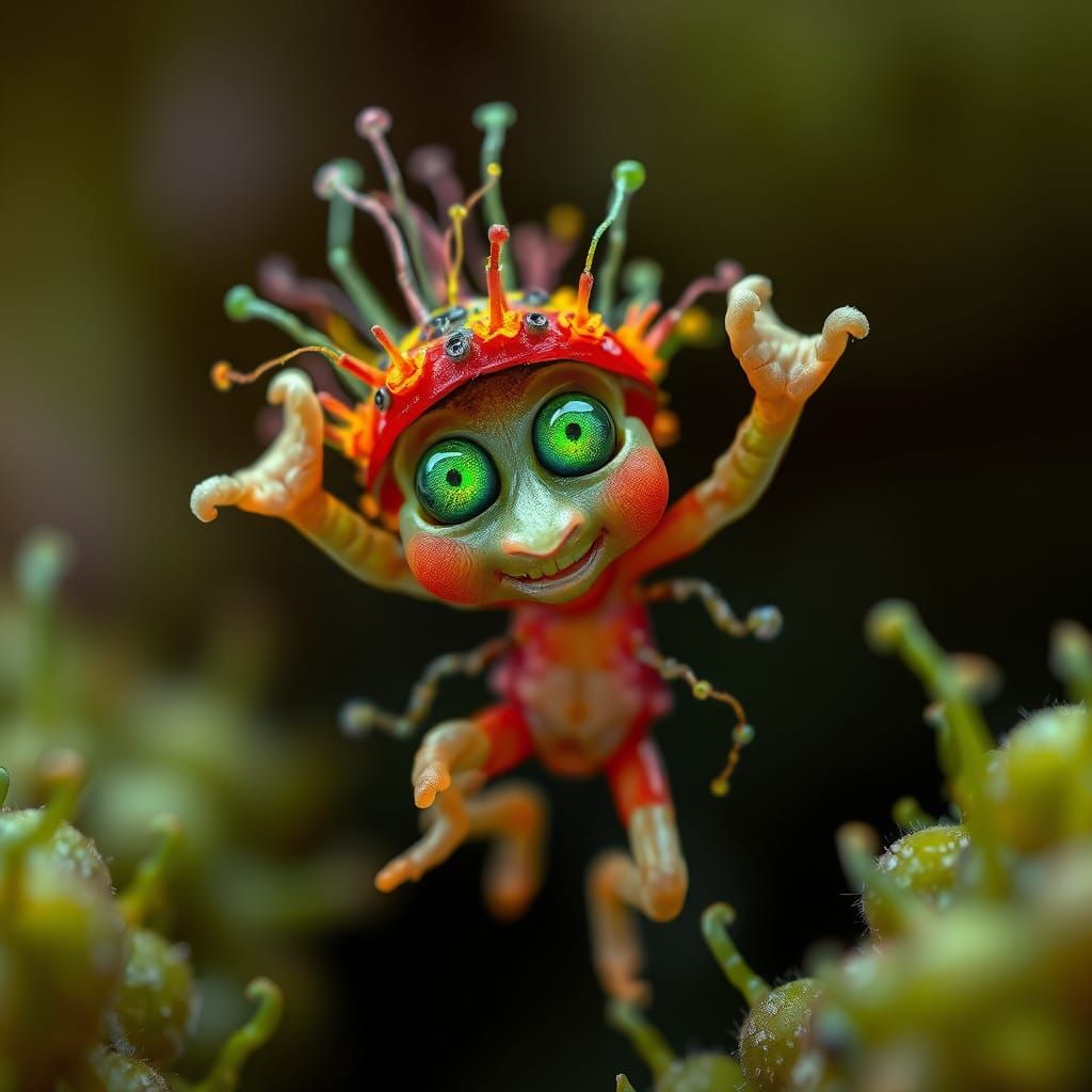 Joyful Microbe Drawing Human with Fluorescent Eyes