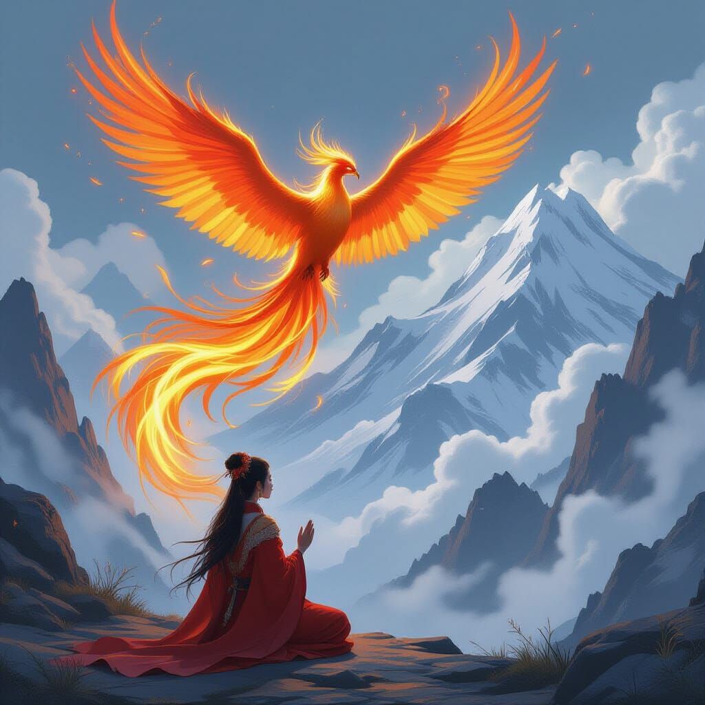 Shugenja Summons Fire Phoenix in Snowy Mountains