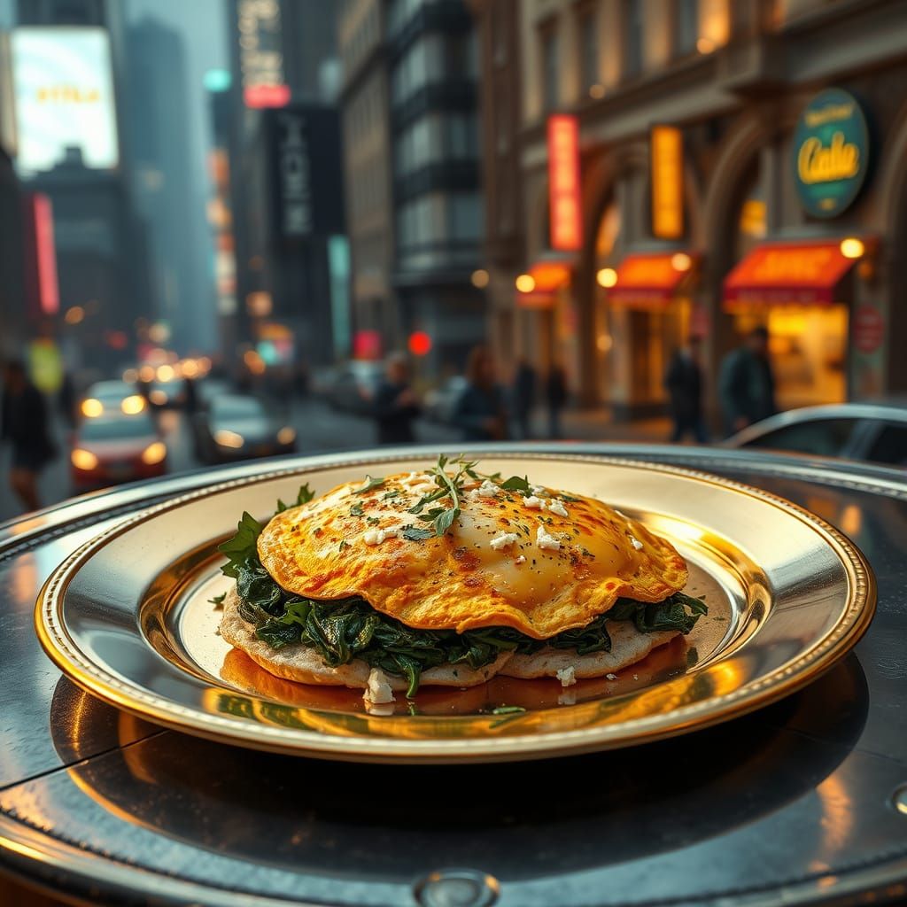 Spinach Feta Omelet on Gold Plate in Cityscape