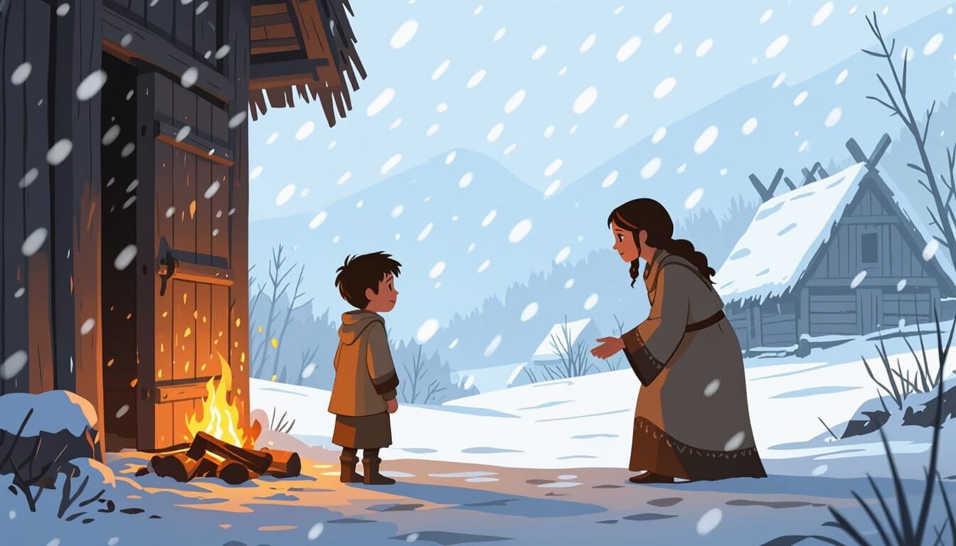 Boy Watches Snowfall From Longhouse Doorway in Cartoon Style