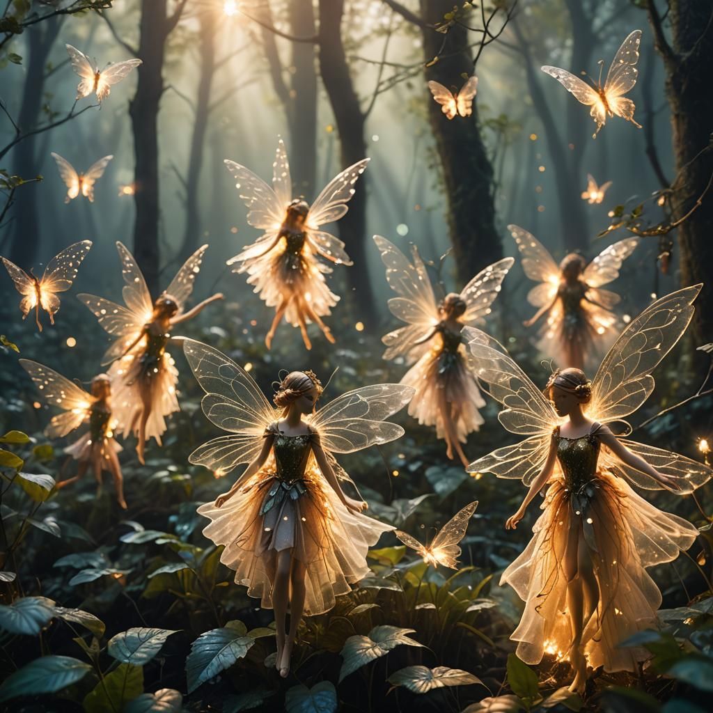Fairies in Misty Forest with Golden Undertones