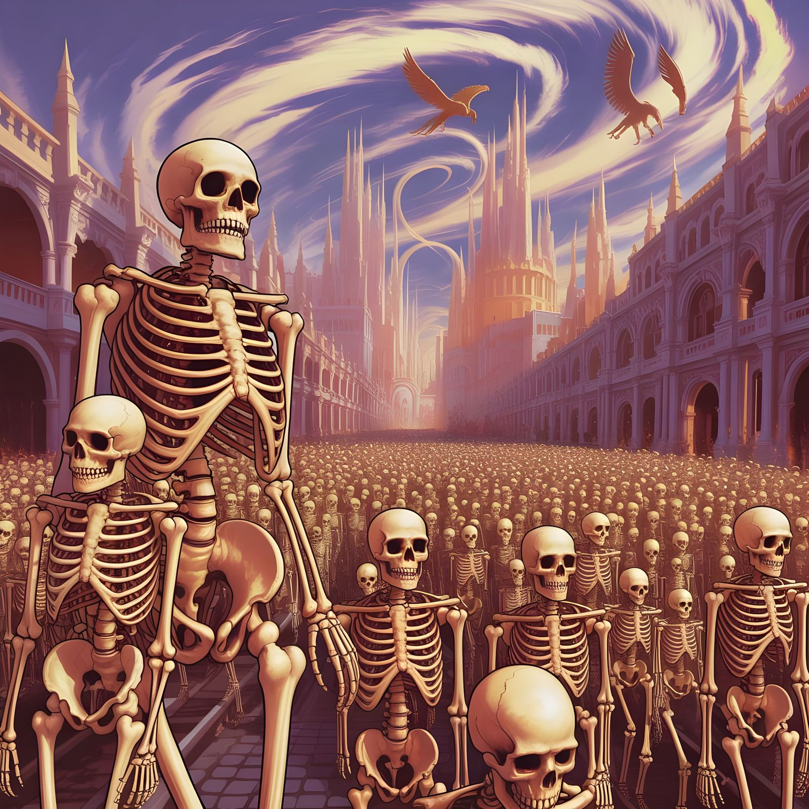 A large crowd of skeletons is depicted in a fantasy