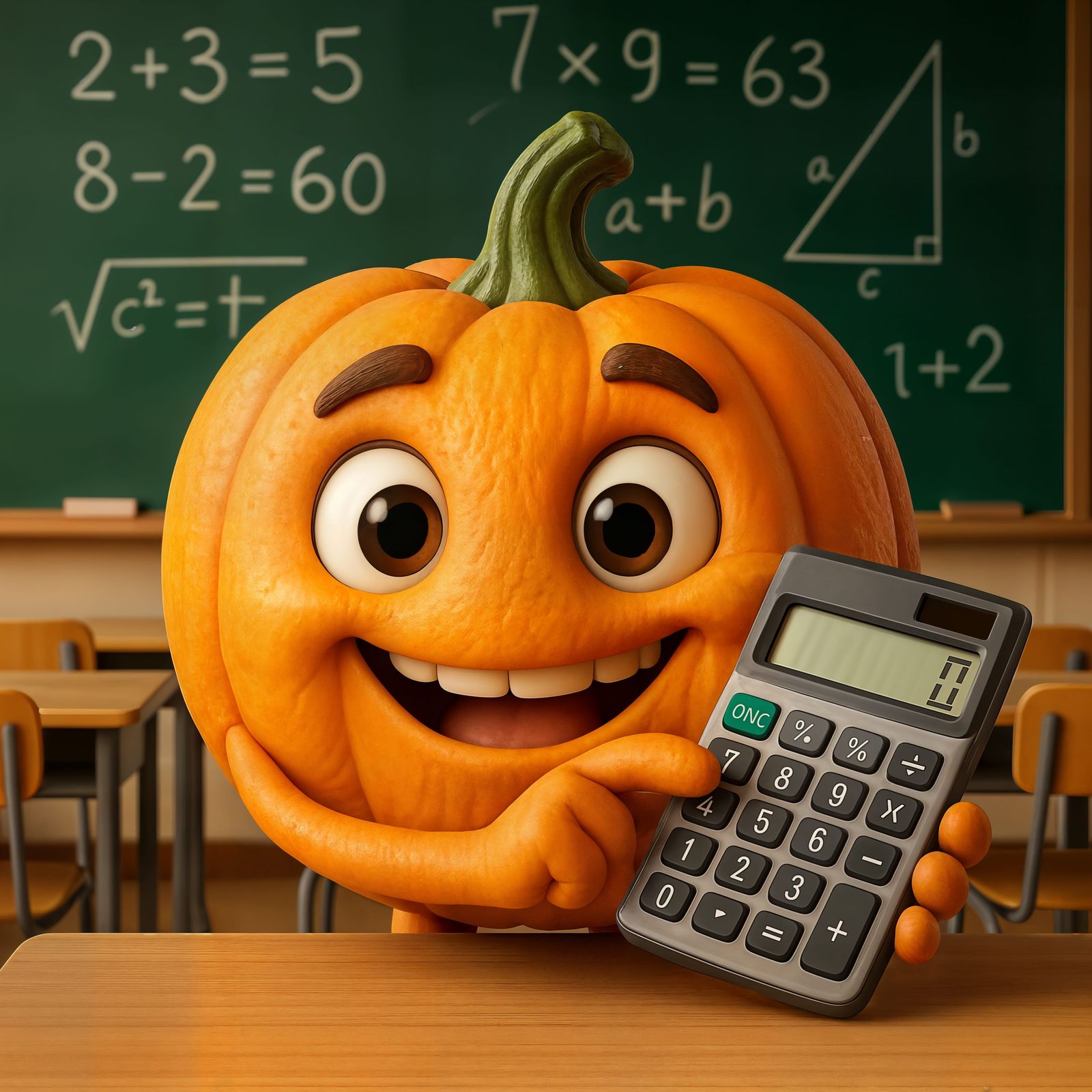 Adorable CGI Pumpkin with Calculator in Math Classroom