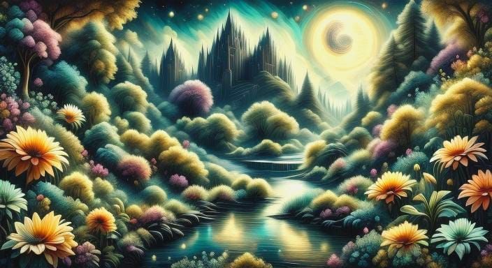 Jesus Christ in a Whimsical Moonlit Garden in Vibrant Colors